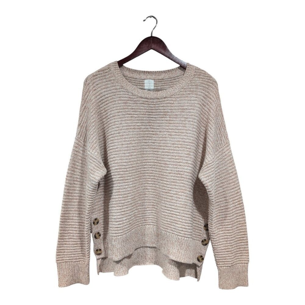 Joie Sweater Women's Sz XL Beige Tan Ribbed Pullover Top Buttons Boxy Crew Neck